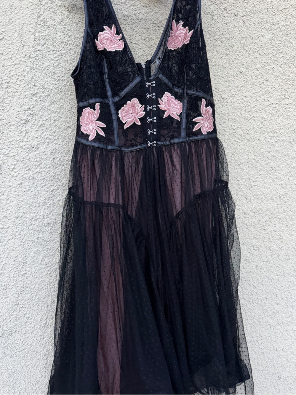 Anthropologie Black Midi Dress with Pink Floral Appliqués NWOT